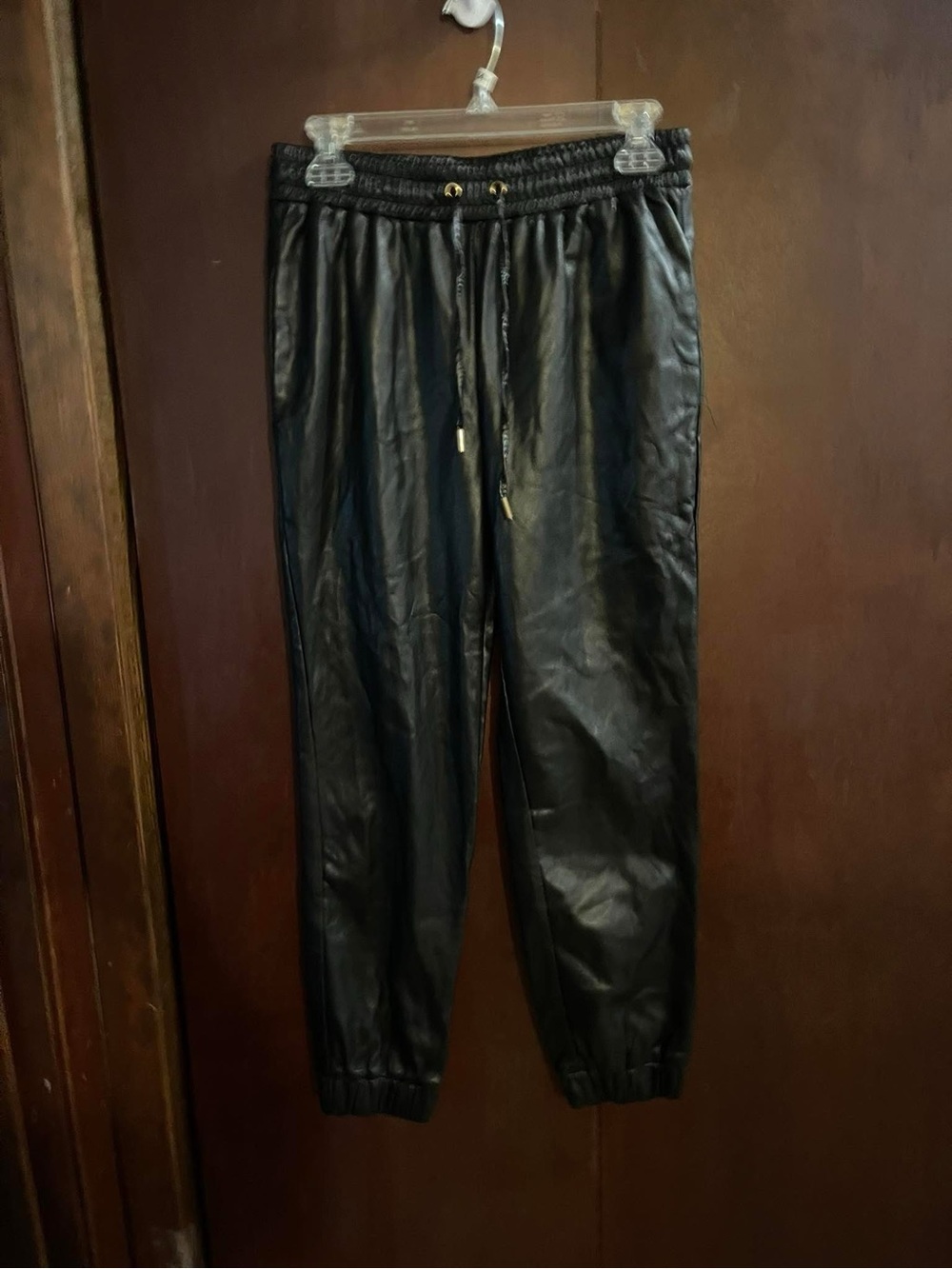 bishop + young Black Faux Leather Jogger Sweatpants with Gold Accents